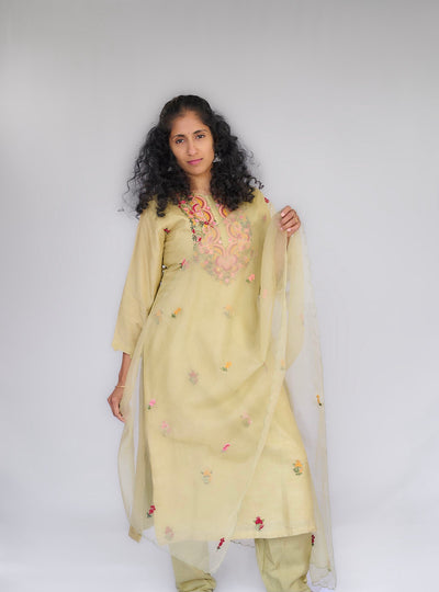 Pastel Green Floral Embroidery Kurta Set