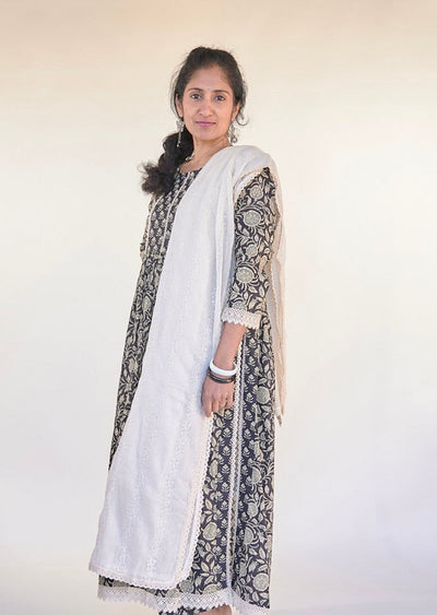 Black and Cream Block Print Kurta Set