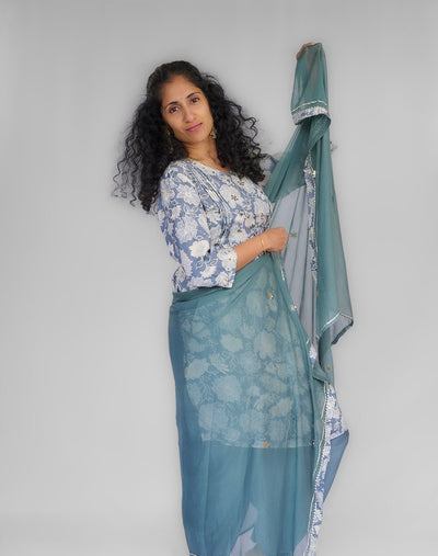 Grey and White Floral Kurta Set