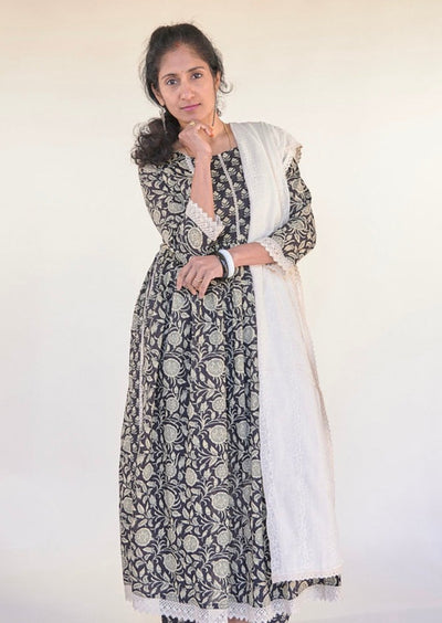 Black and Cream Block Print Kurta Set