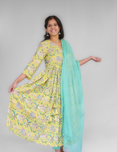 Yellow Floral Cotton Top Kurta set