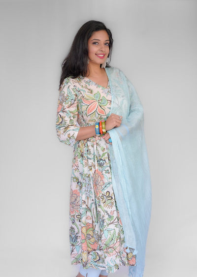 Cream Floral Top and Sky Blue Dupatta