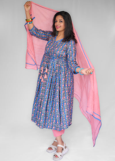 Blue Floral Cotton Top and Peachy Pink Dupatta