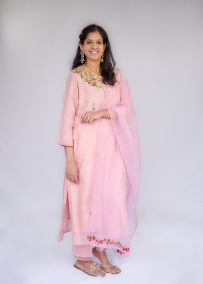 Pastel Pink Floral Embroidery Kurta Set