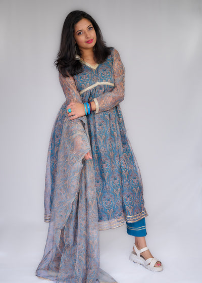 Blue Printed Organza Kurta Set