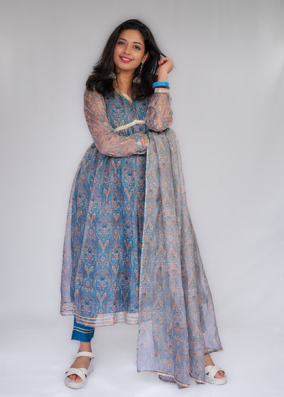 Blue Printed Organza Kurta Set