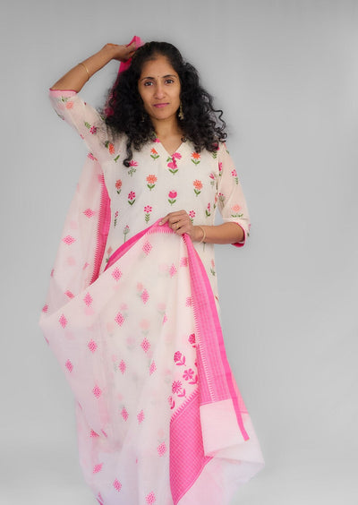 White and Pink Cotton Banarasi Kurta Set