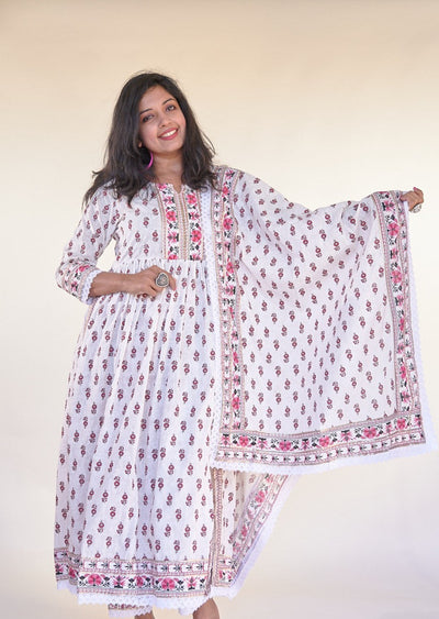 White Block Print Kurta Set