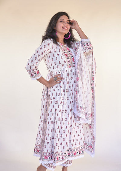 White Block Print Kurta Set