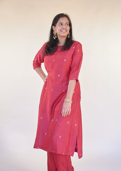 Red Munga Silk Kurta Set