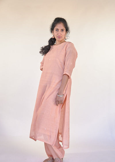 Pastel Peach Munga Silk Kurta Set