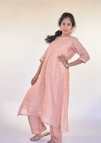 Pastel Peach Munga Silk Kurta Set