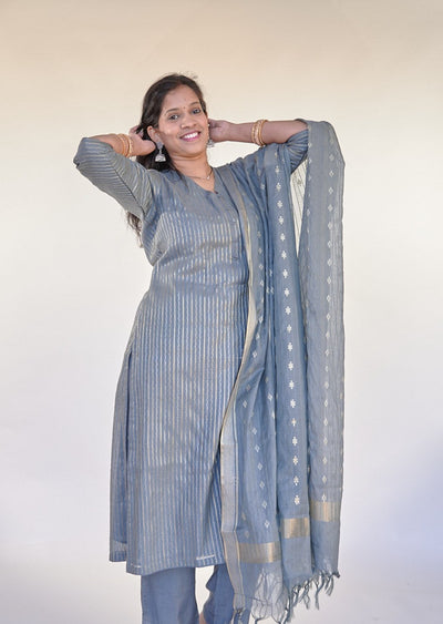 Blue Grey with Gold Stripes Kurta Set