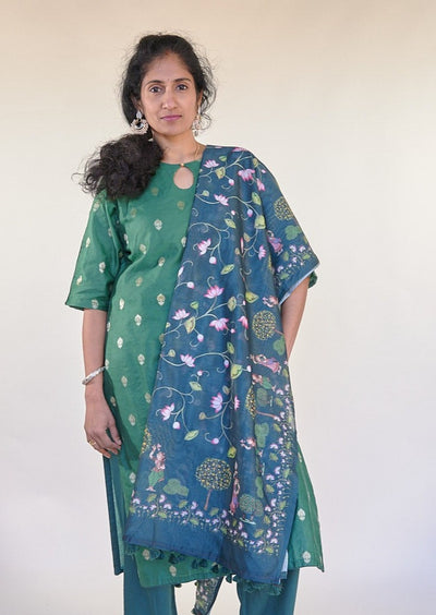 Green Kurta Set with Buti and Pichwai Dupatta