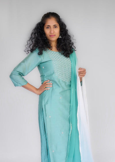 Aqua Green Bead Work Kurta Set